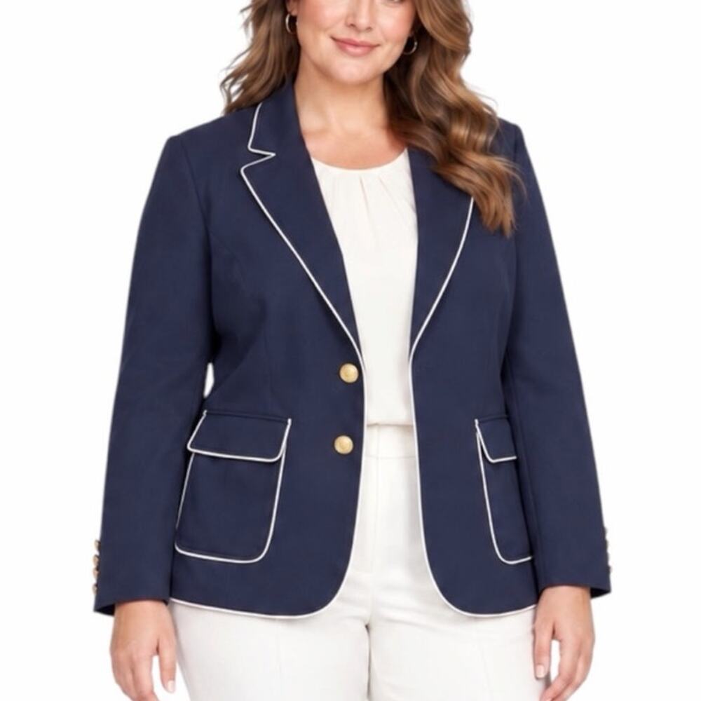 Eloquii Blazer Size 20 Navy Blue White Piped Gold Button Nautical Jacket Plus